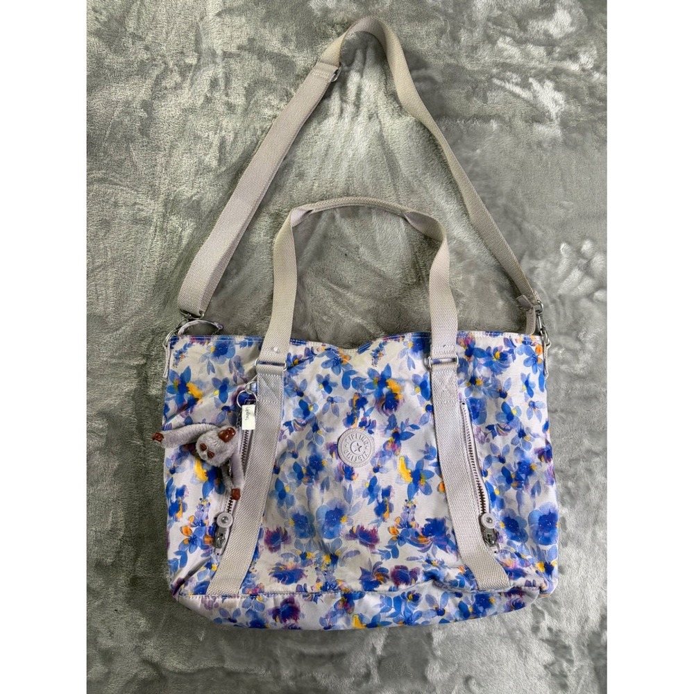 Kipling Asseni Large Tote Bag Floral Nylon Women's Handbag Blue Monkey Charm Zip